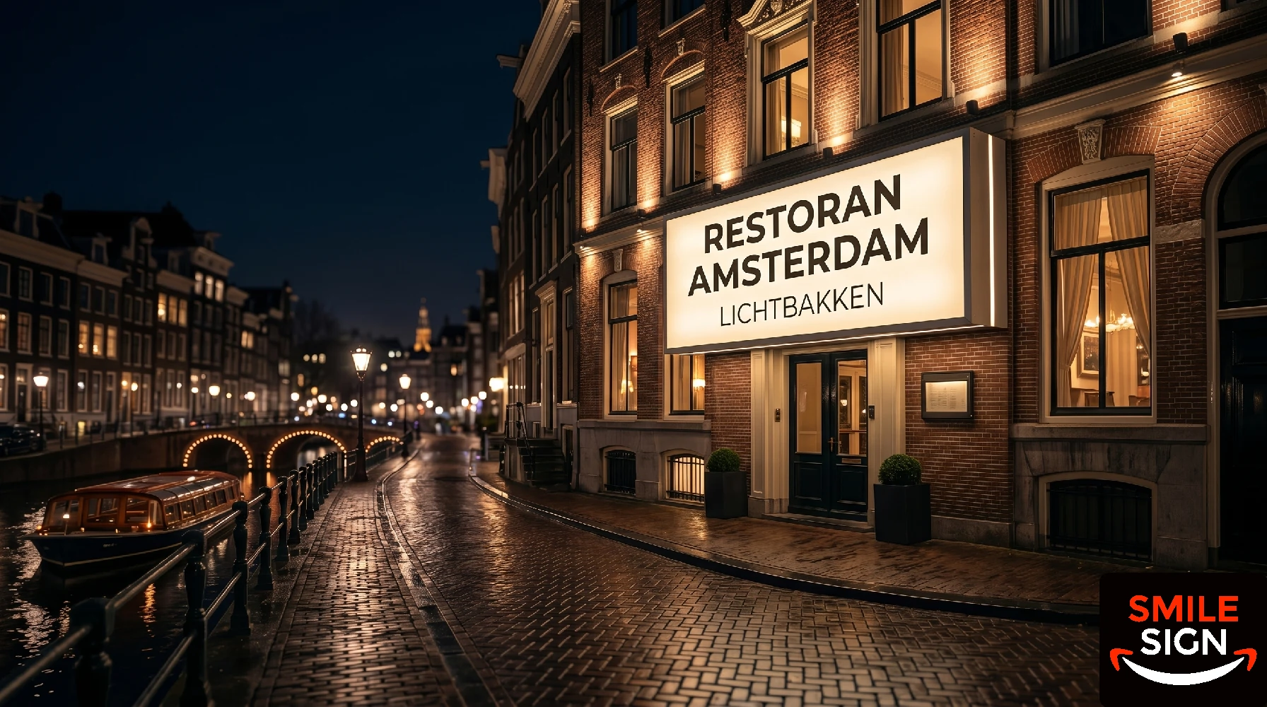 Verlichte enkelzijdige LED lichtbak gemonteerd aan een gevel van een restaurant in Amsterdam 's nachts. B2B whitelabel productie. Lichtreclame fabrikant SMILE SIGN - Verlichte enkelzijdige LED lichtbak gemonteerd aan een gevel.