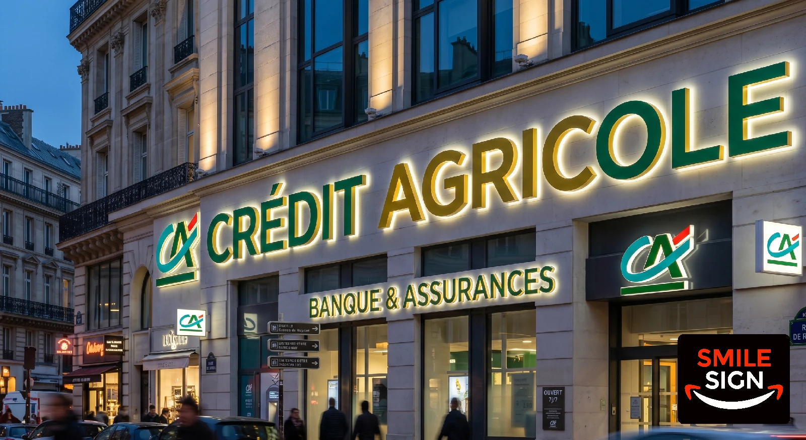Crédit Agricole bankverlichting en doosletters van de doosletter fabriek.